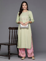 Thumbnail for Indo Era Green Embroidered Straight Kurta - Distacart