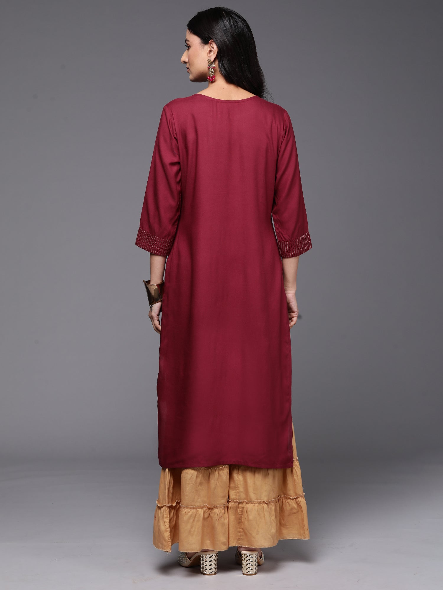 Indo Era Burgundy Embroidered Straight Kurta - Distacart