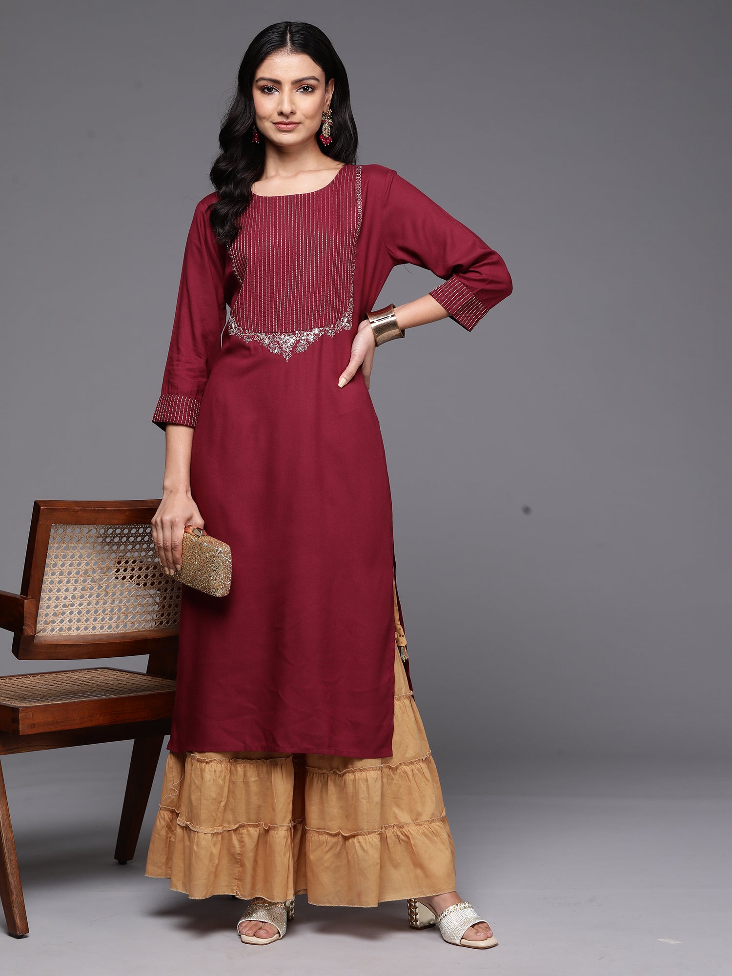 Indo Era Burgundy Embroidered Straight Kurta - Distacart