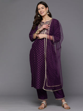 Indo Era Purple Embroidered Straight Kurta Trousers With Dupatta Set - Distacart