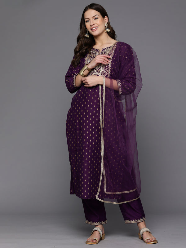 Indo Era Purple Embroidered Straight Kurta Trousers With Dupatta Set - Distacart