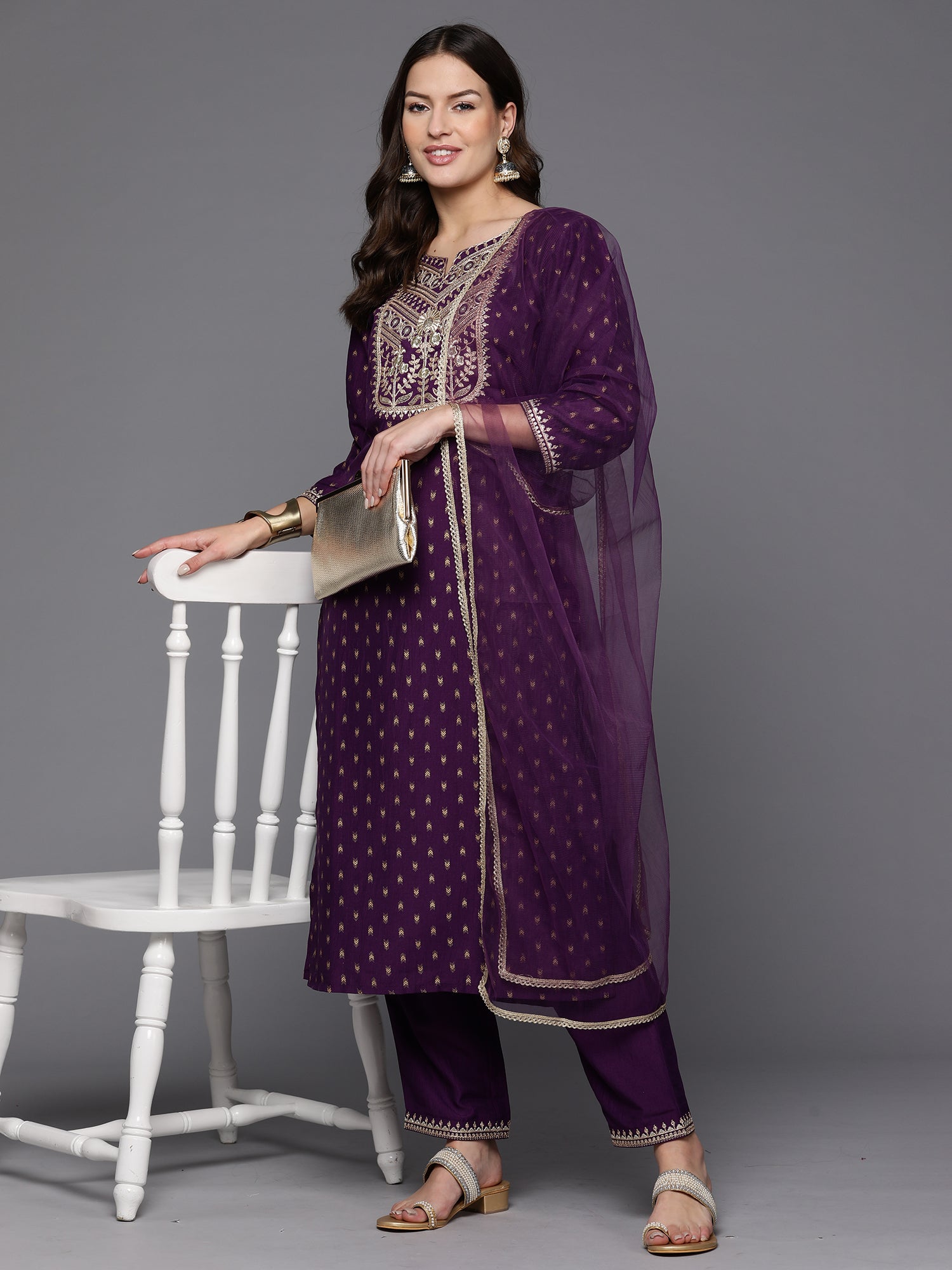 Indo Era Purple Embroidered Straight Kurta Trousers With Dupatta Set - Distacart