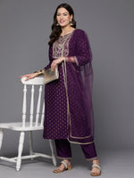 Thumbnail for Indo Era Purple Embroidered Straight Kurta Trousers With Dupatta Set - Distacart