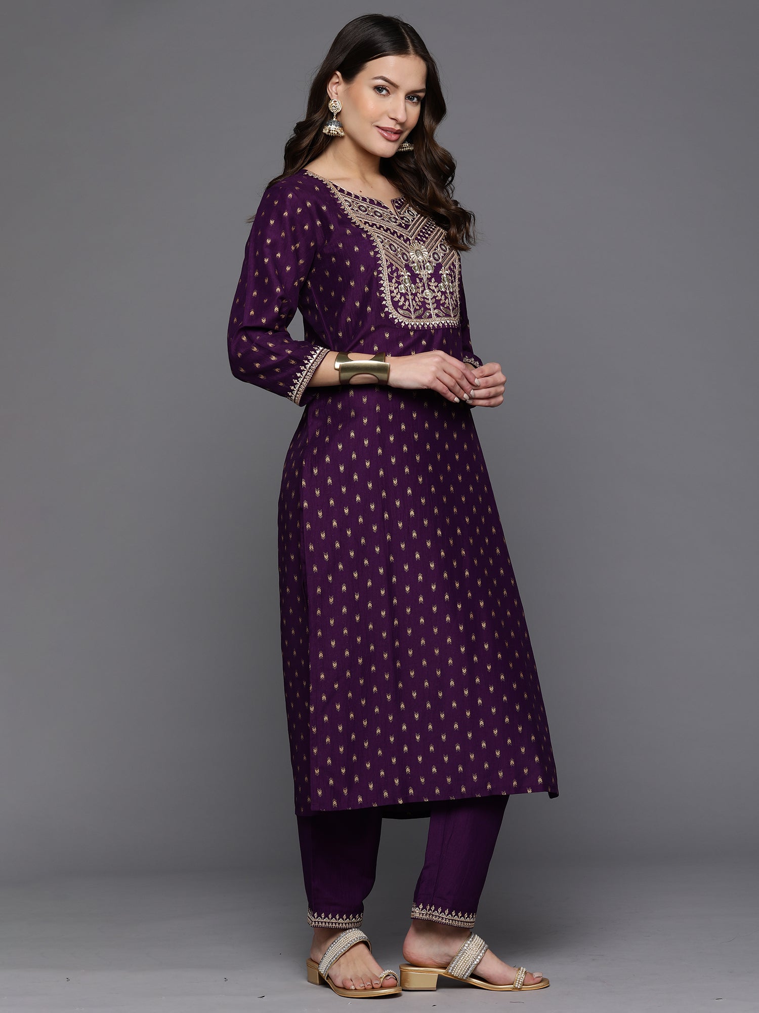 Indo Era Purple Embroidered Straight Kurta Trousers With Dupatta Set - Distacart