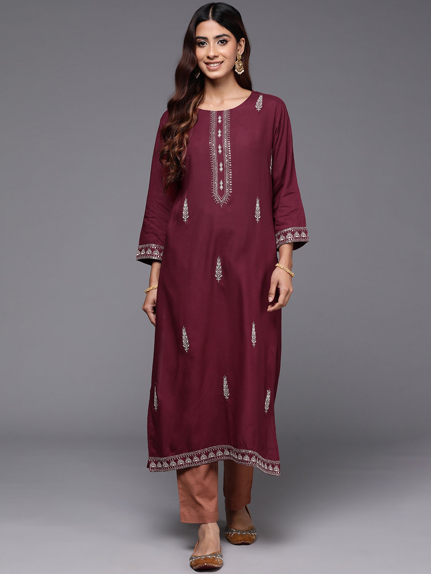 Indo Era Maroon Embroidered Straight Kurta - Distacart