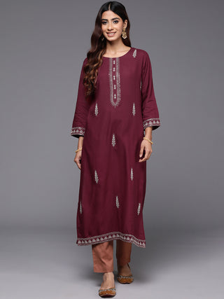 Indo Era Maroon Embroidered Straight Kurta - Distacart