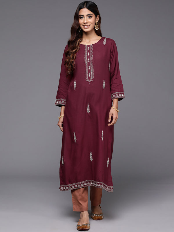 Indo Era Maroon Embroidered Straight Kurta - Distacart