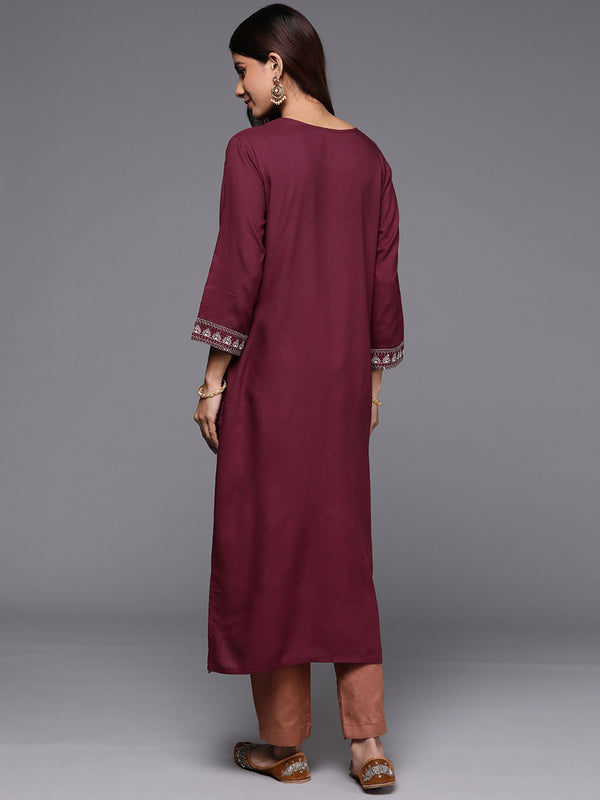Indo Era Maroon Embroidered Straight Kurta - Distacart
