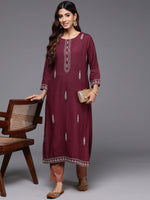 Thumbnail for Indo Era Maroon Embroidered Straight Kurta - Distacart