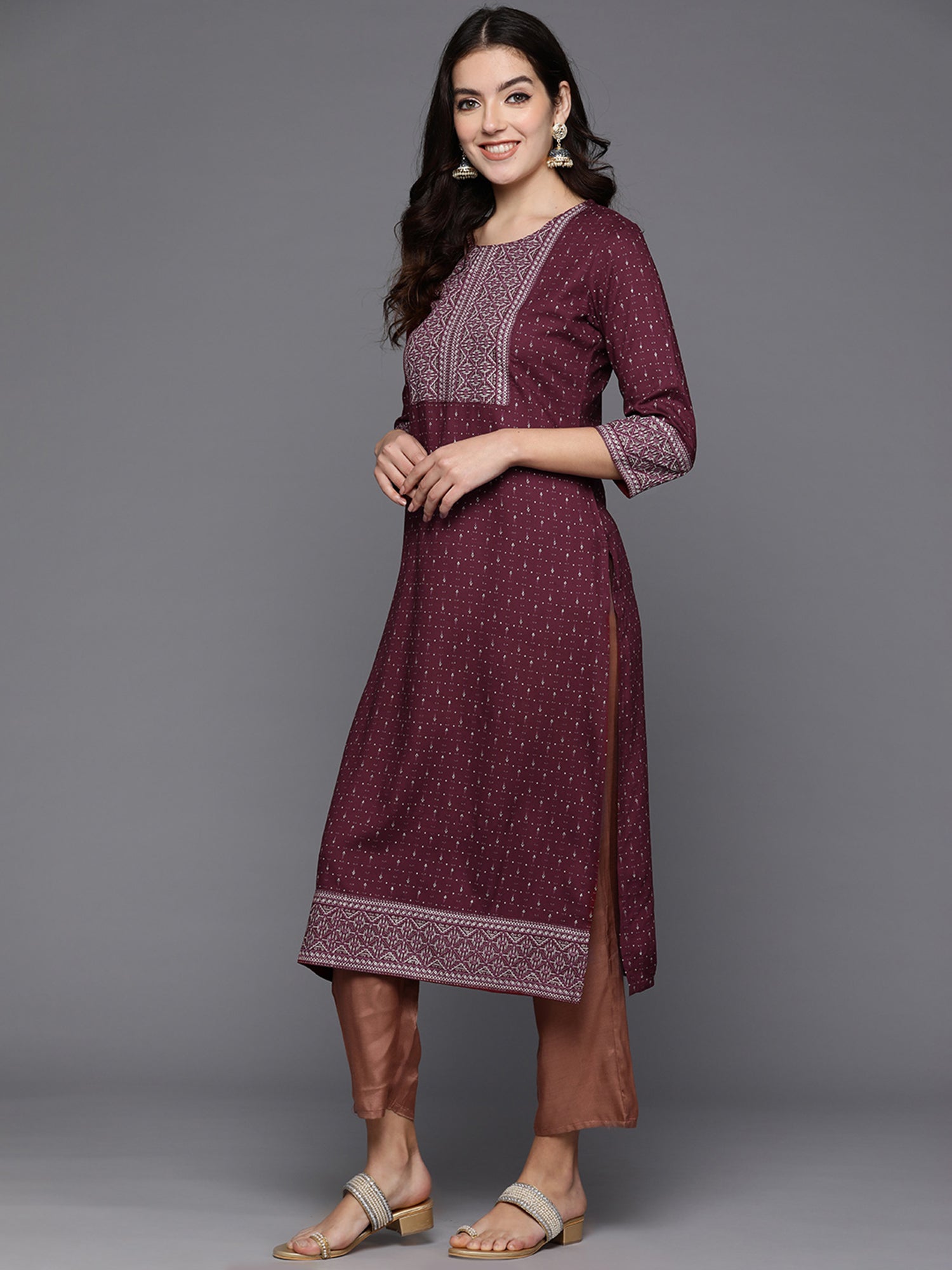 Indo Era Maroon Embellished Straight Kurta - Distacart