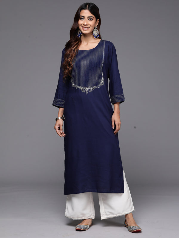Indo Era Navy Blue Embroidered Straight Kurta - Distacart