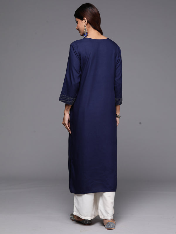 Indo Era Navy Blue Embroidered Straight Kurta - Distacart