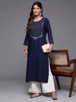 Thumbnail for Indo Era Navy Blue Embroidered Straight Kurta - Distacart