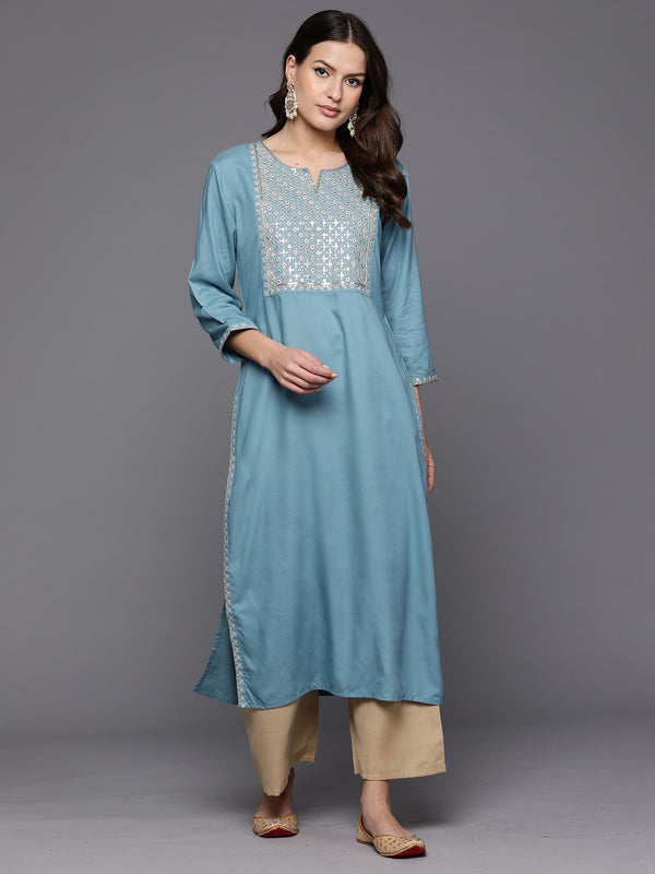 Indo Era Blue Embroidered Straight Kurta - Distacart