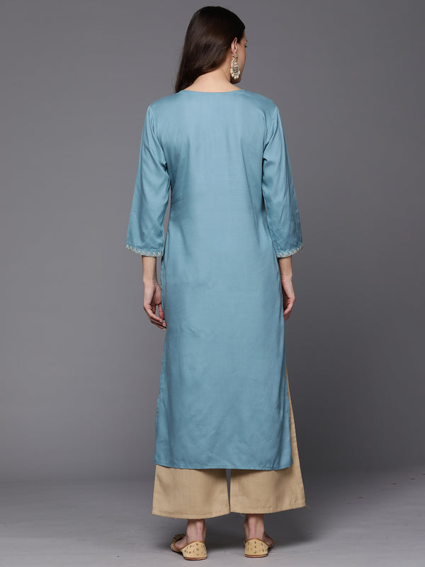 Indo Era Blue Embroidered Straight Kurta - Distacart
