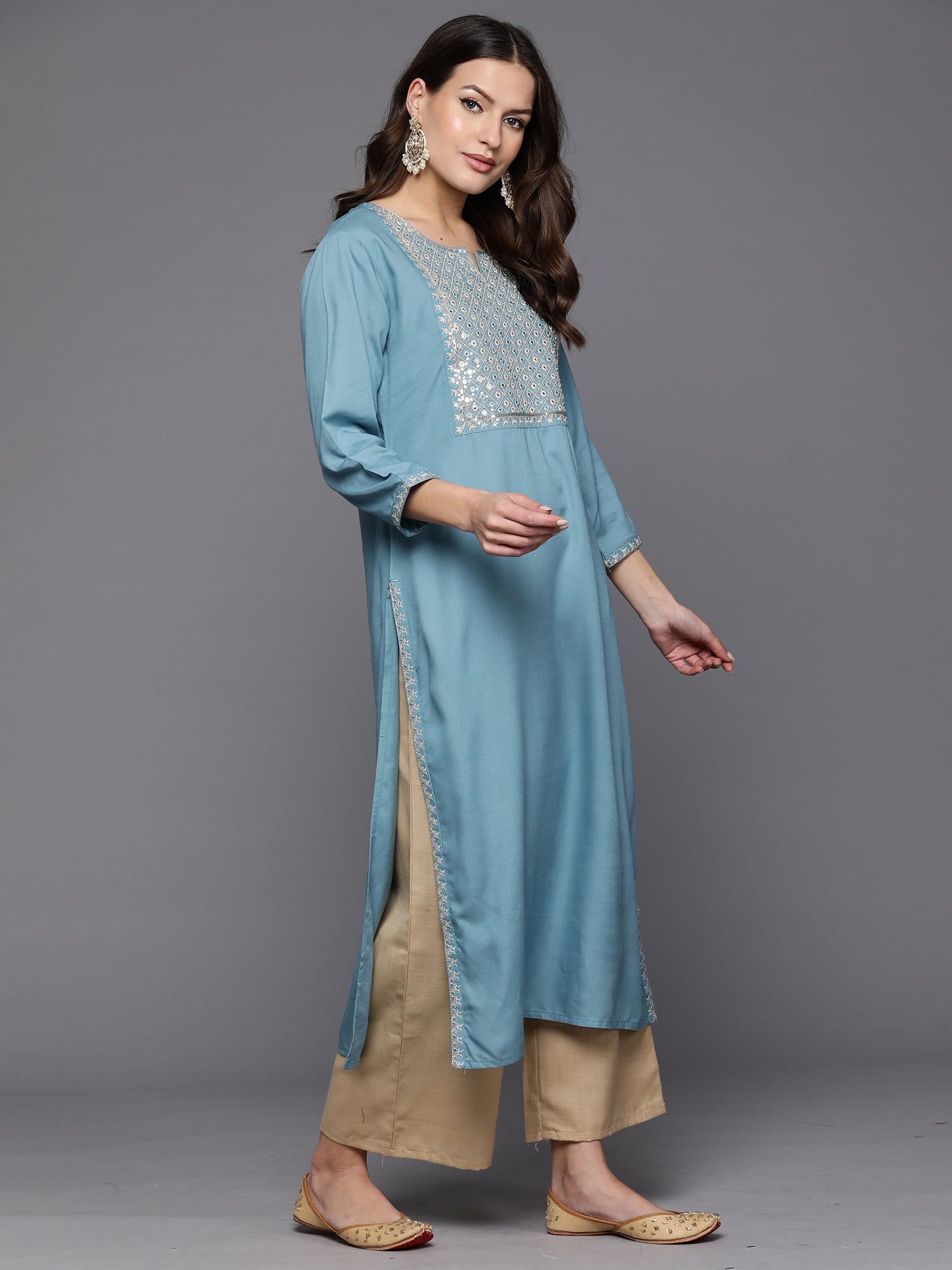 Indo Era Blue Embroidered Straight Kurta - Distacart