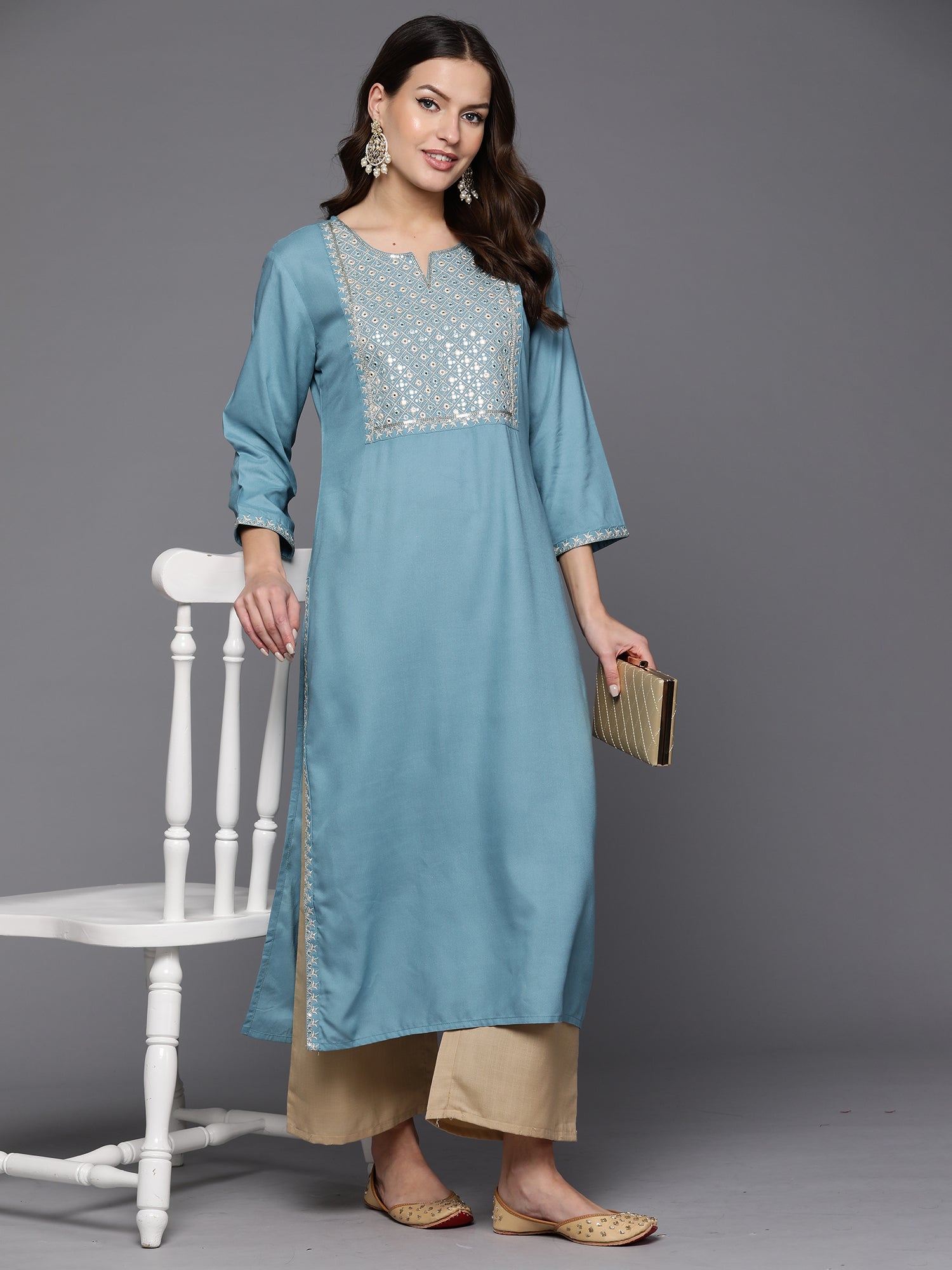 Indo Era Blue Embroidered Straight Kurta - Distacart