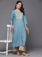 Thumbnail for Indo Era Blue Embroidered Straight Kurta - Distacart