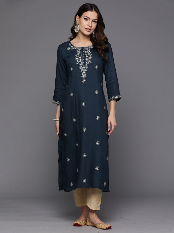 Indo Era Teal Embroidered Straight Kurta - Distacart