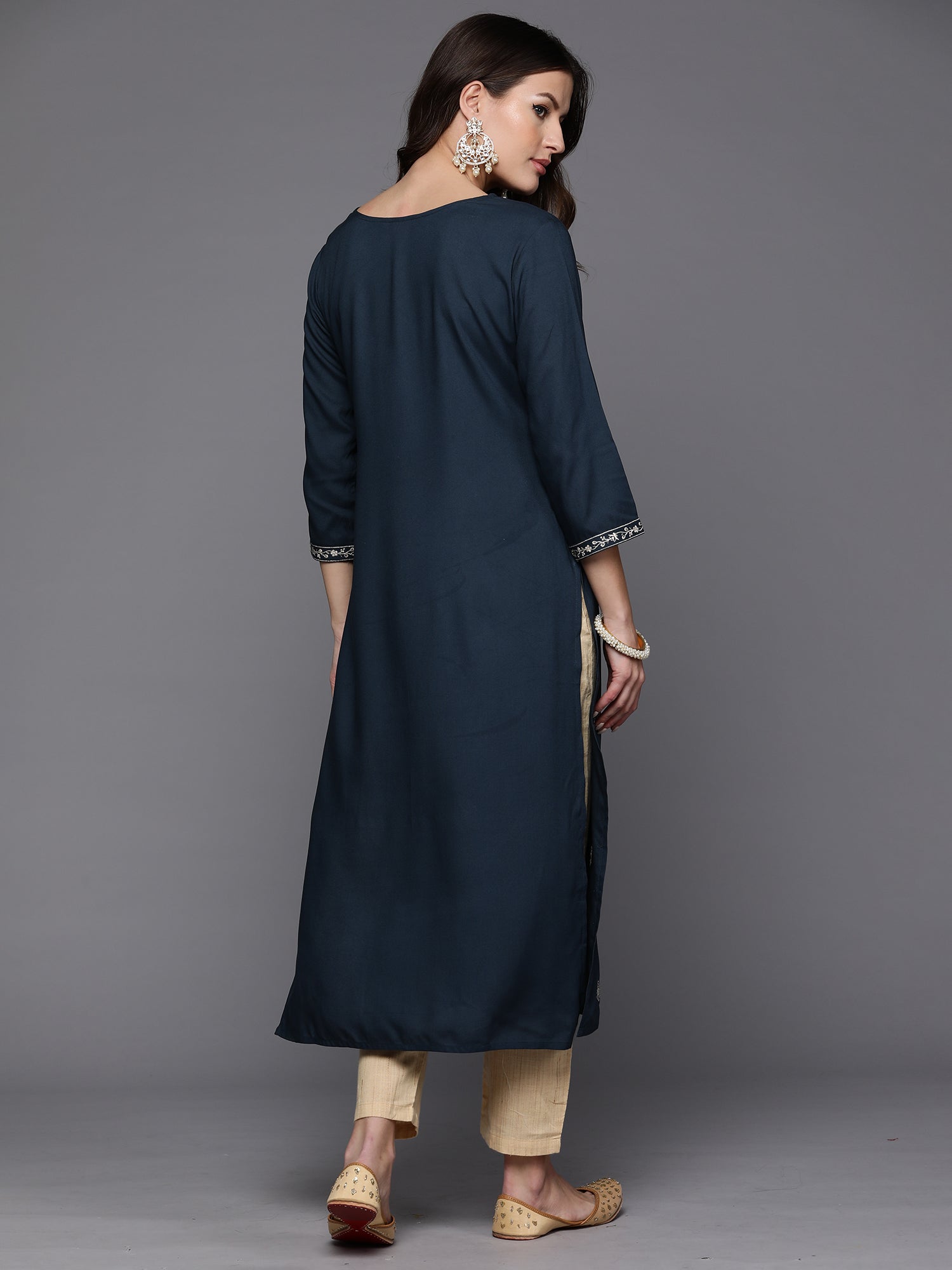 Indo Era Teal Embroidered Straight Kurta - Distacart