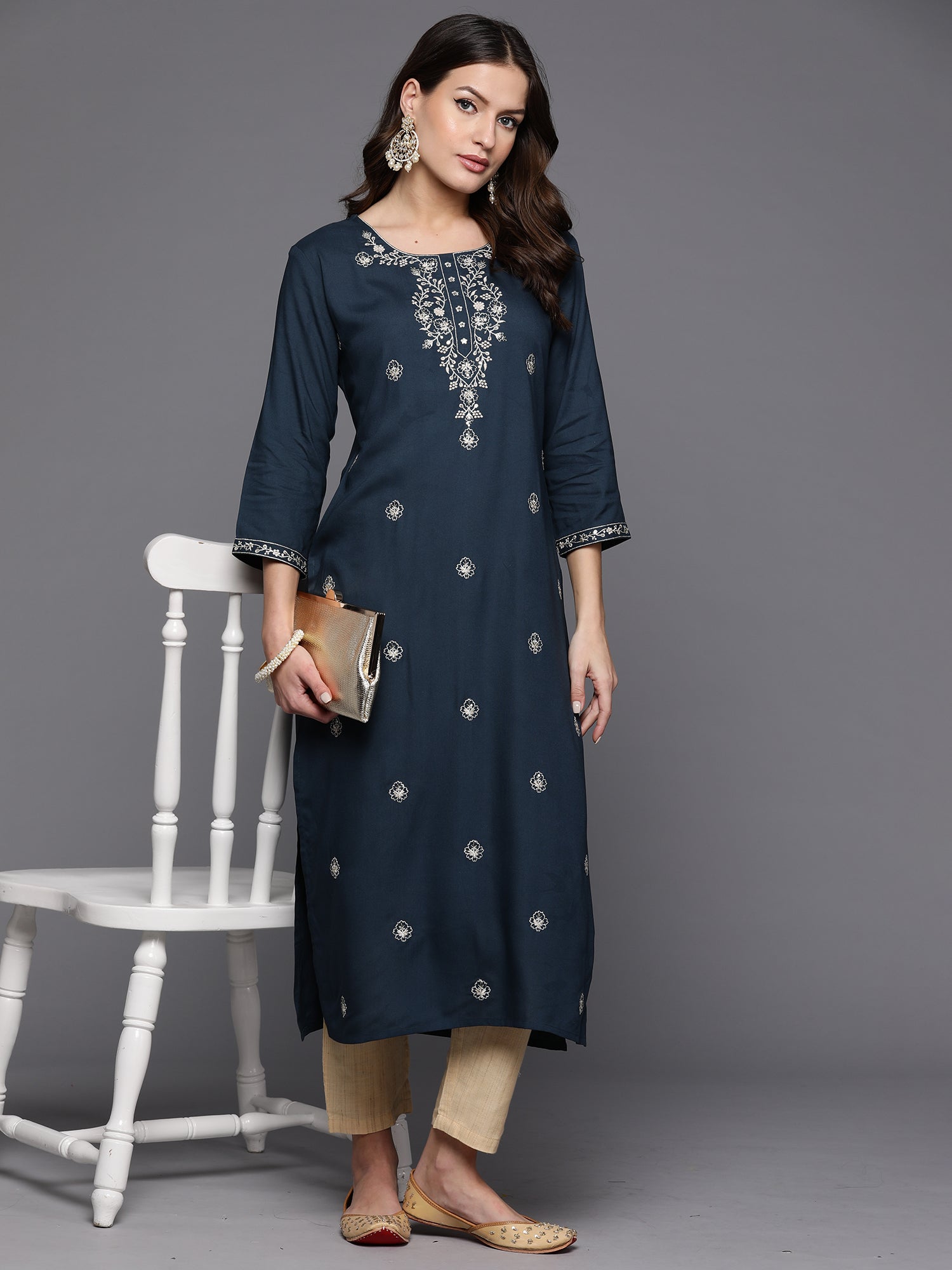Indo Era Teal Embroidered Straight Kurta - Distacart