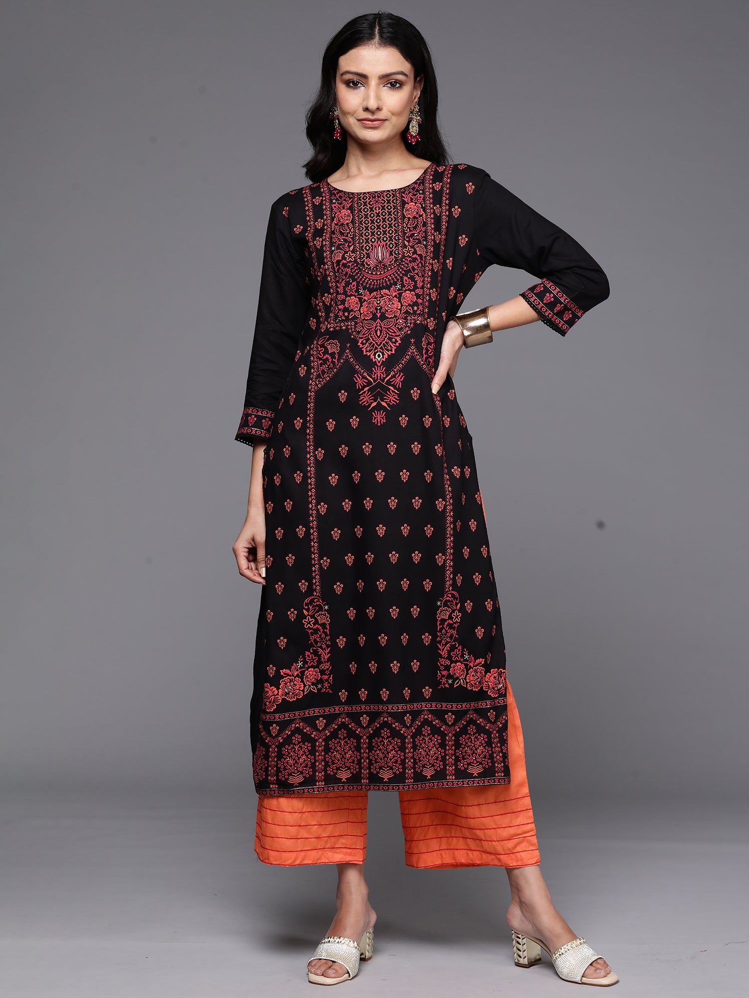 Indo Era Black Printed Straight Kurta - Distacart