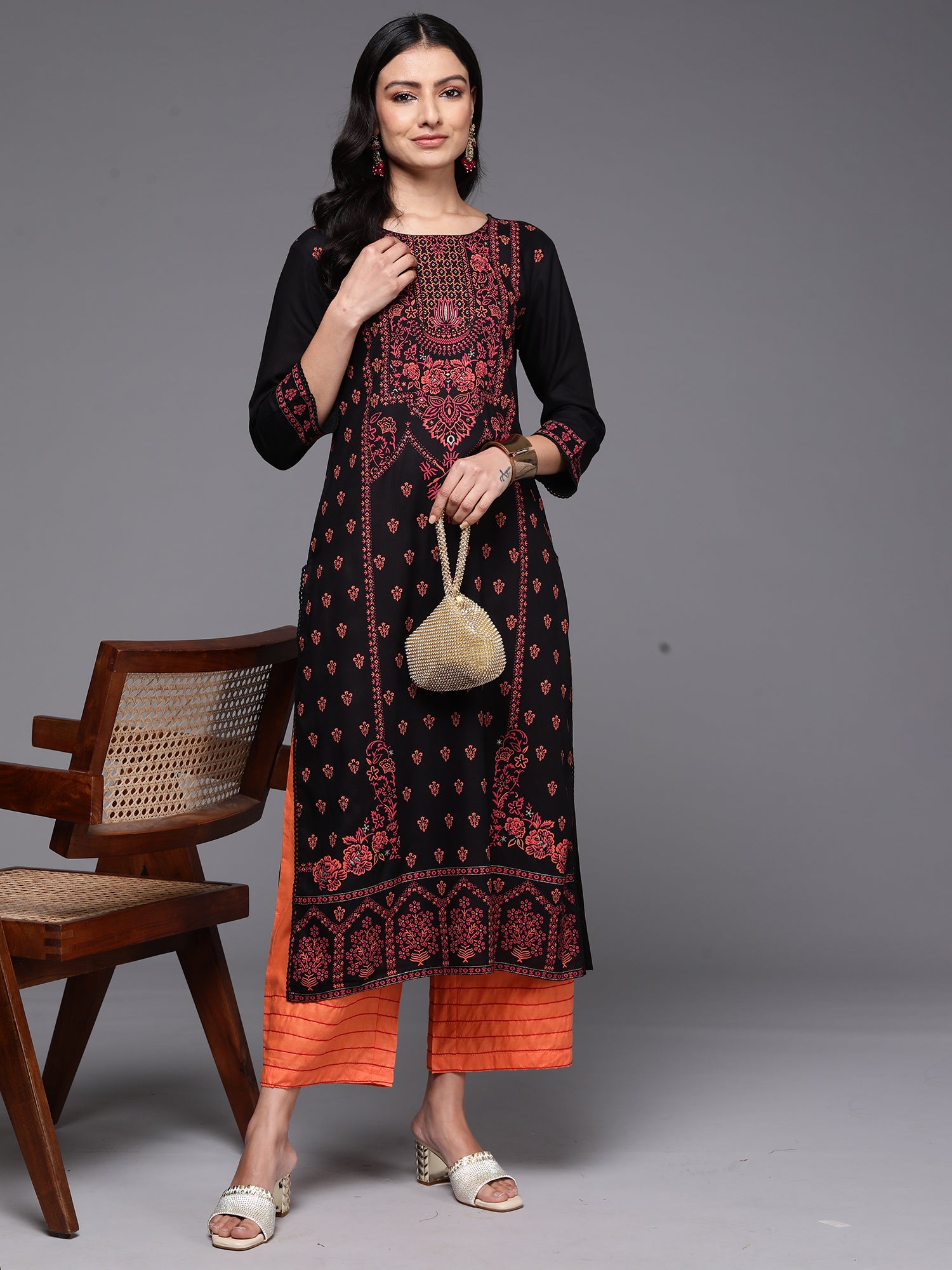 Indo Era Black Printed Straight Kurta - Distacart