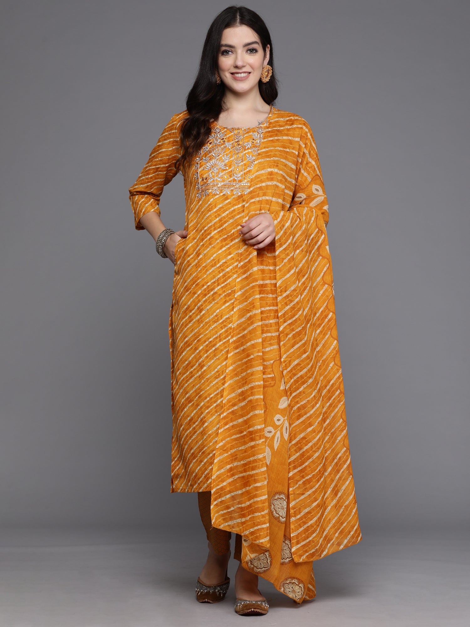 Indo Era Mustard Printed Straight Kurta Trousers With Dupatta set - Distacart
