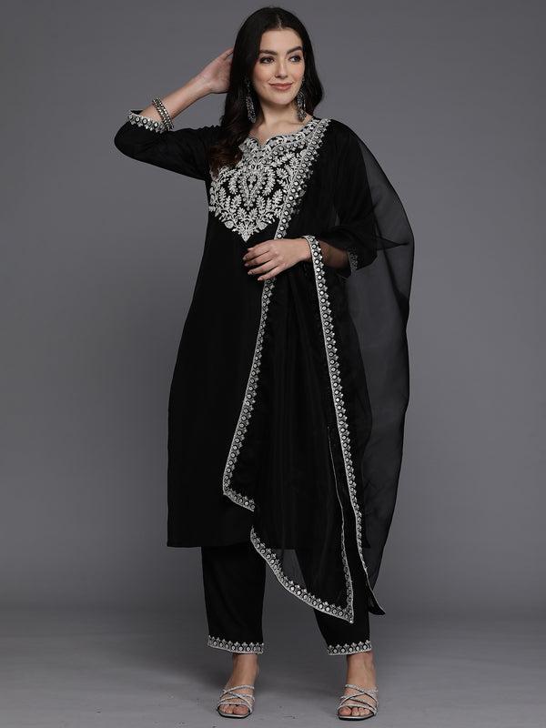 Indo Era Black Embroidered Straight Kurta Trousers With Dupatta set - Distacart