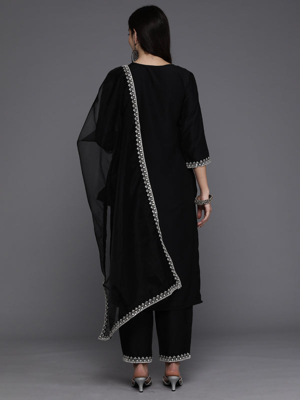 Indo Era Black Embroidered Straight Kurta Trousers With Dupatta set - Distacart