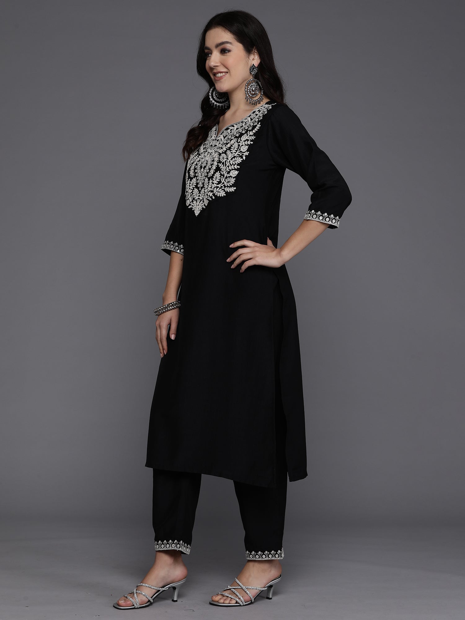 Indo Era Black Embroidered Straight Kurta Trousers With Dupatta set - Distacart