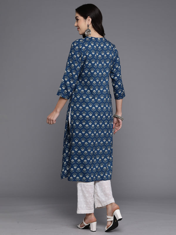 Indo Era Navy Blue Printed Straight Kurta - Distacart