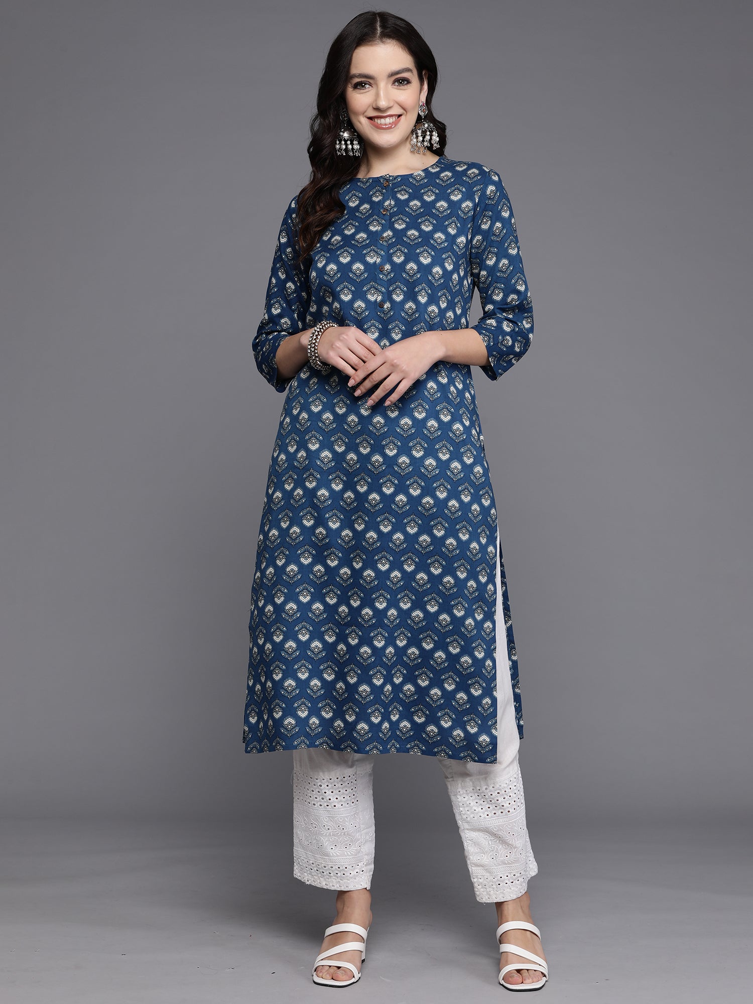 Indo Era Navy Blue Printed Straight Kurta - Distacart