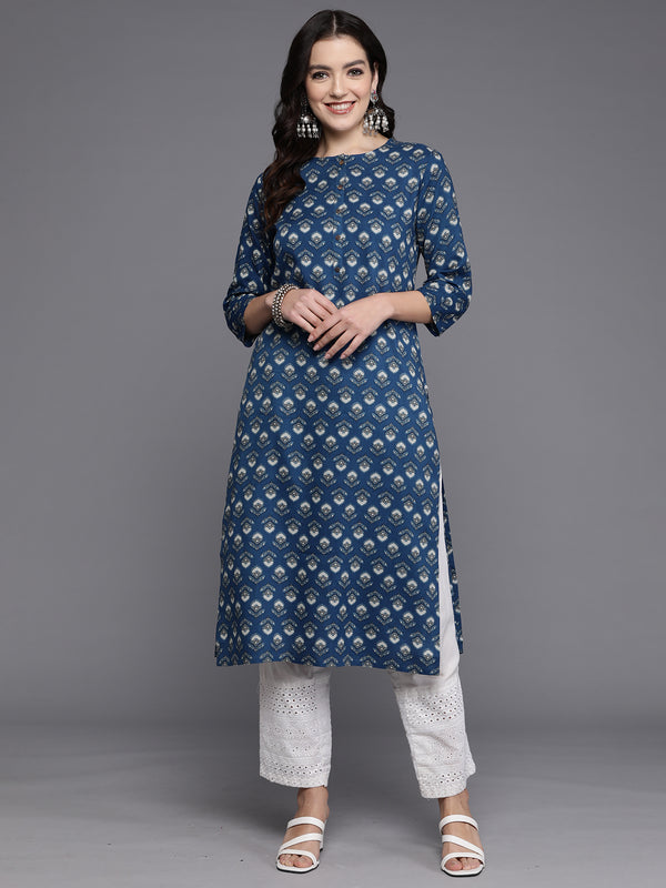 Indo Era Navy Blue Printed Straight Kurta - Distacart