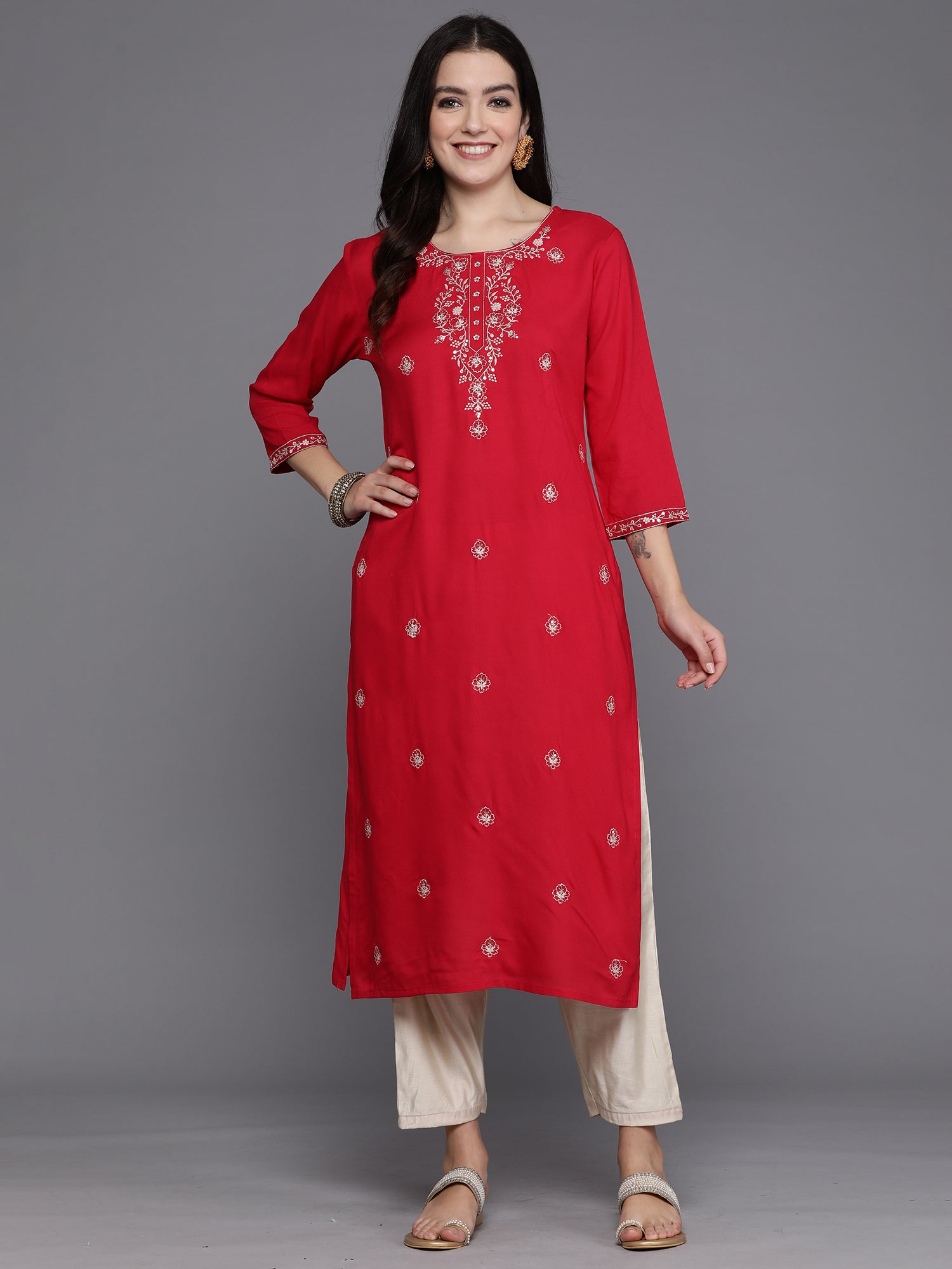Indo Era Magenta Embroidered Straight Kurta - Distacart