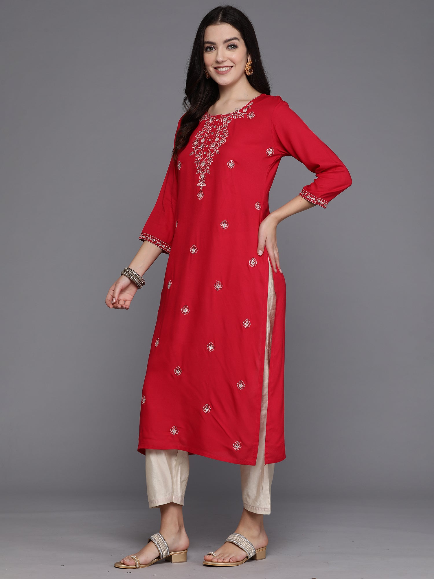 Indo Era Magenta Embroidered Straight Kurta - Distacart