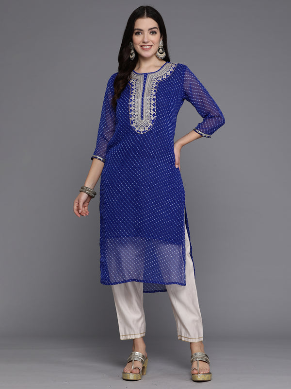 Indo Era Blue Printed Straight Kurta - Distacart