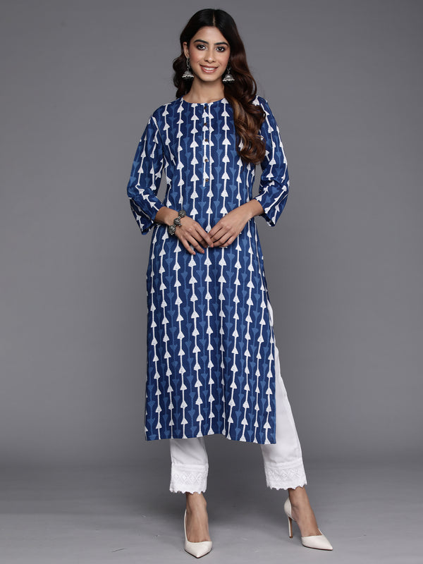 Indo Era Navy Blue Printed Straight Kurta - Distacart