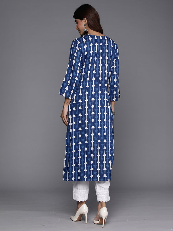 Indo Era Navy Blue Printed Straight Kurta - Distacart