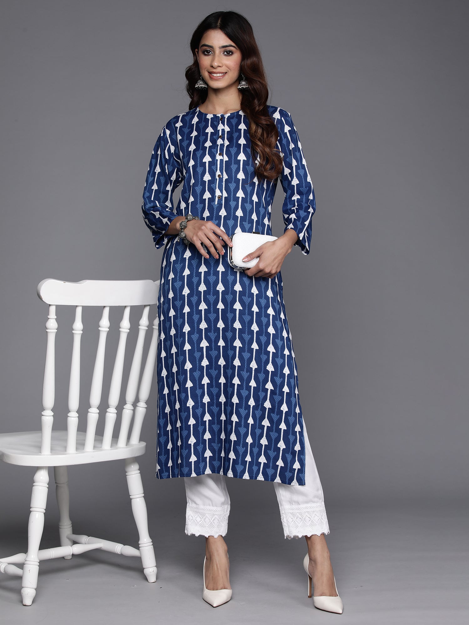 Indo Era Navy Blue Printed Straight Kurta - Distacart
