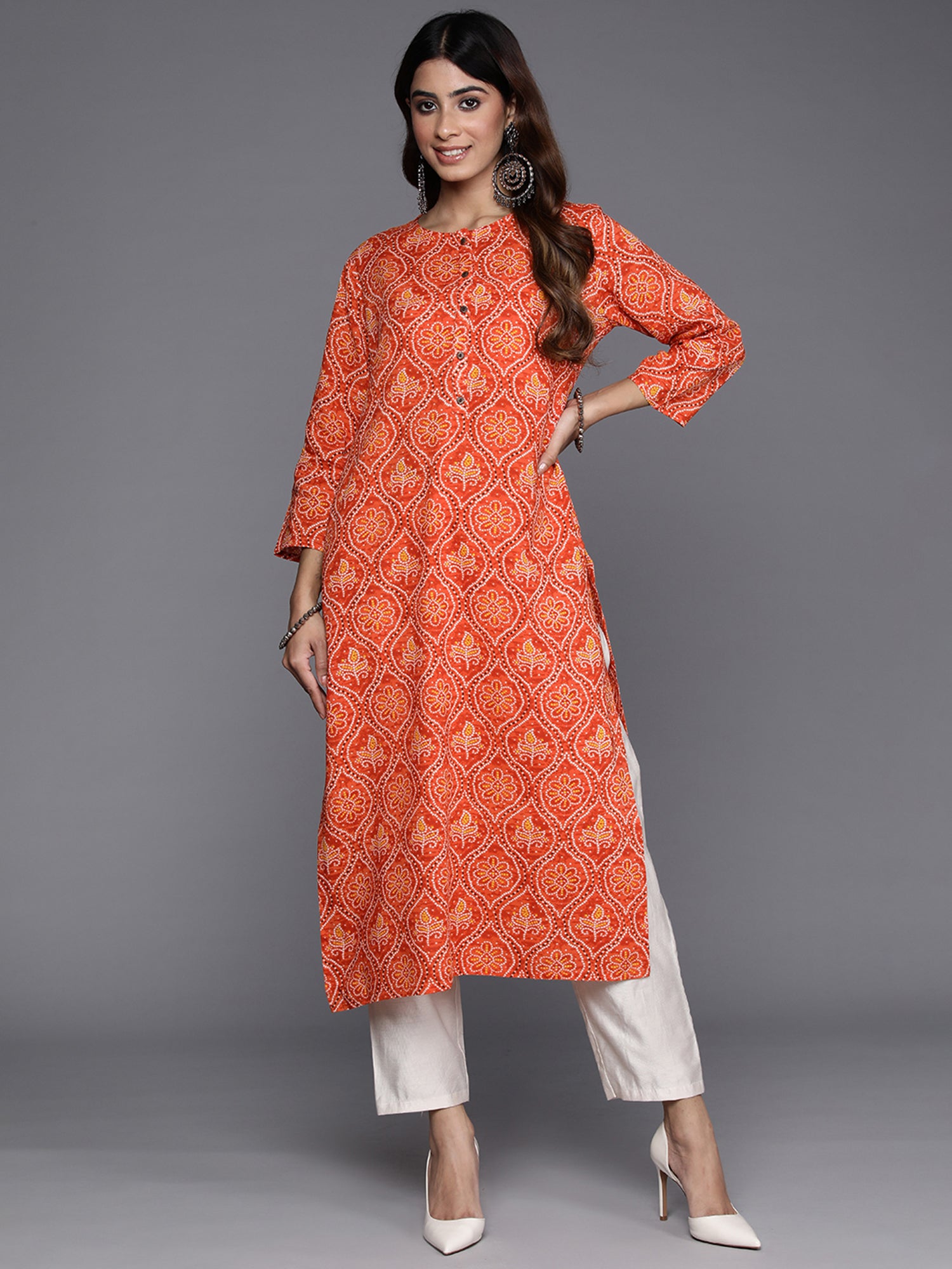 Indo Era Orange Printed Straight Kurta - Distacart