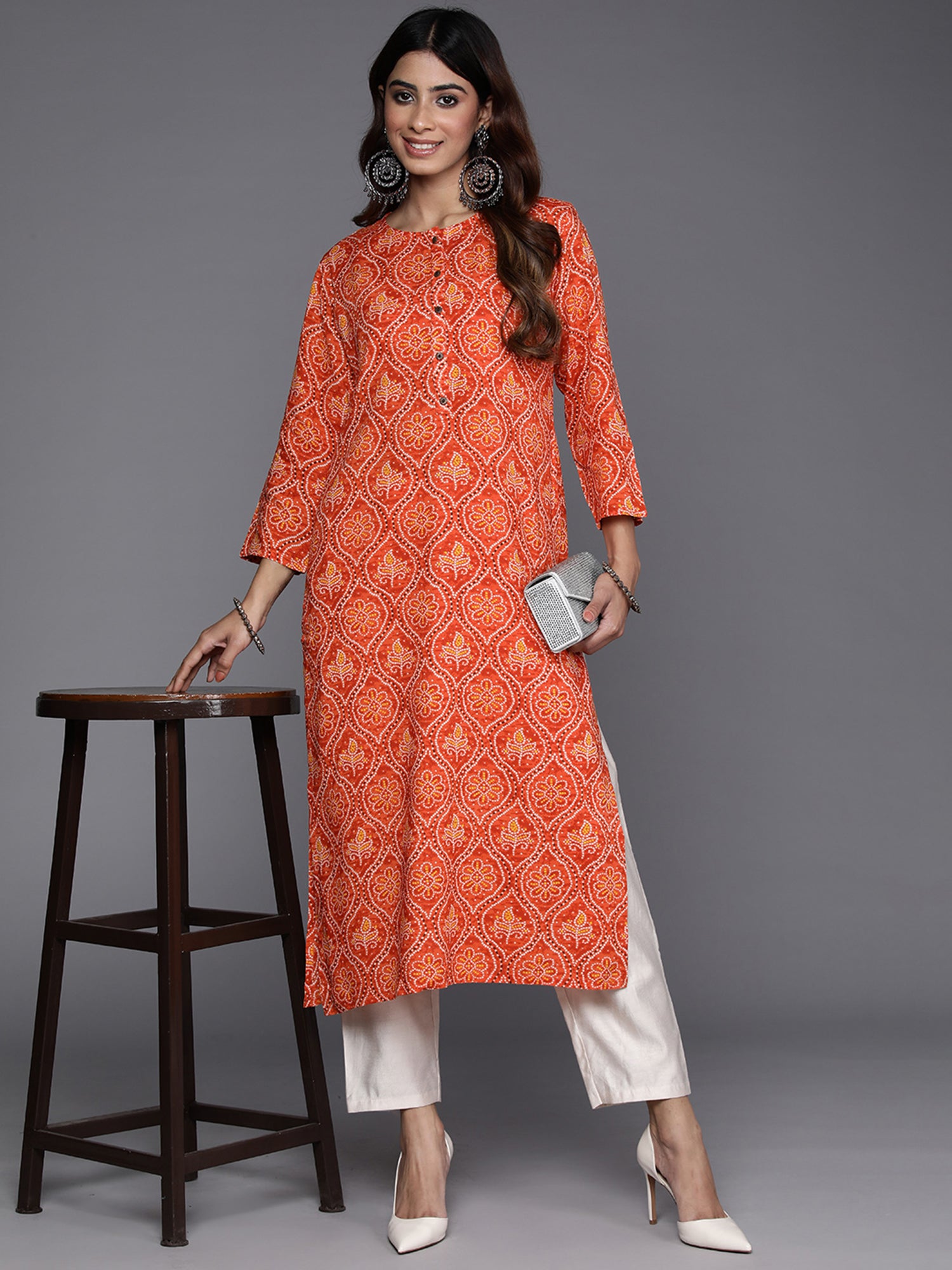 Indo Era Orange Printed Straight Kurta - Distacart