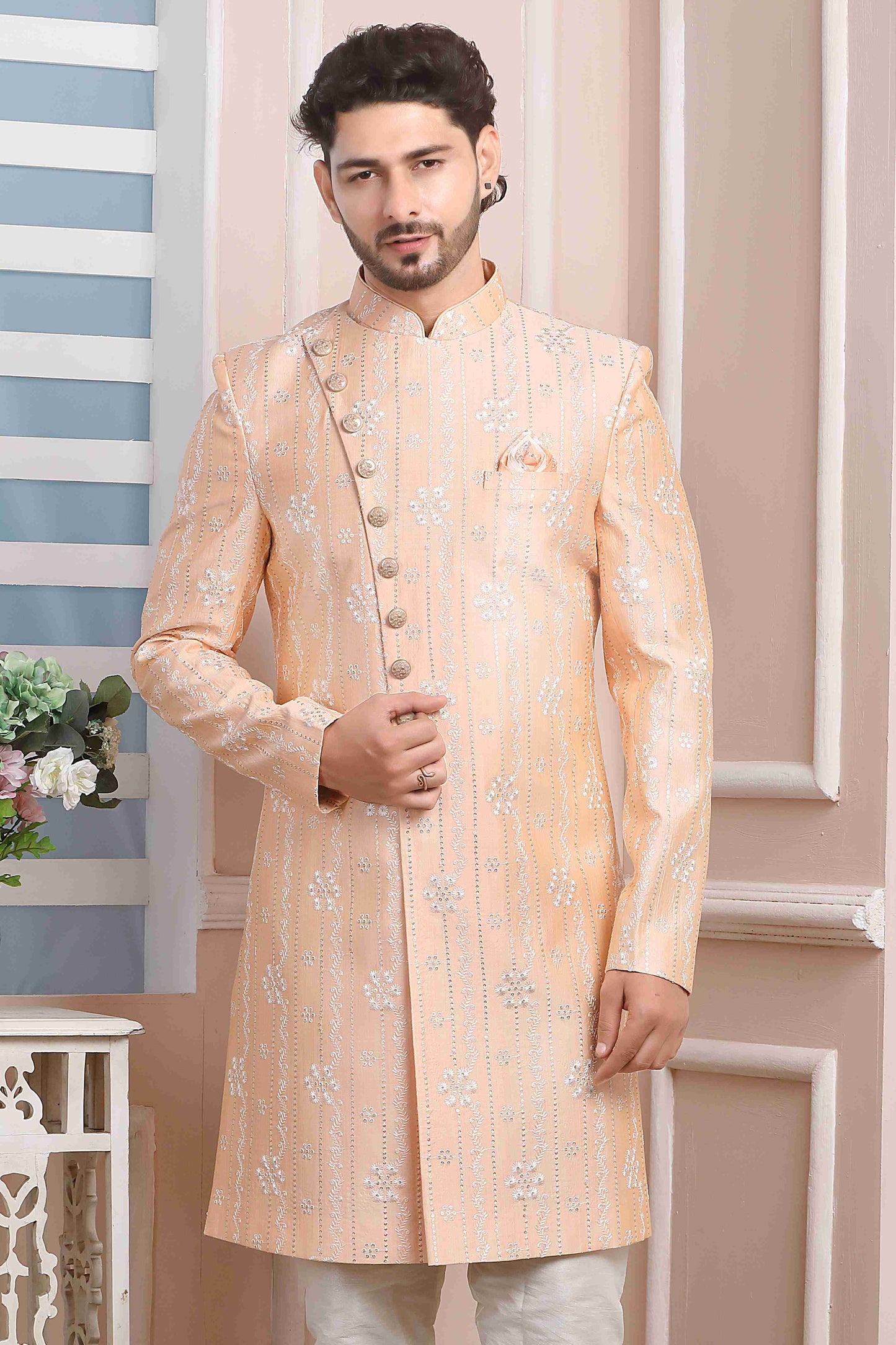 Raivat Ethnic Art Silk Thread Work Indo Western In Peach Colour - Distacart