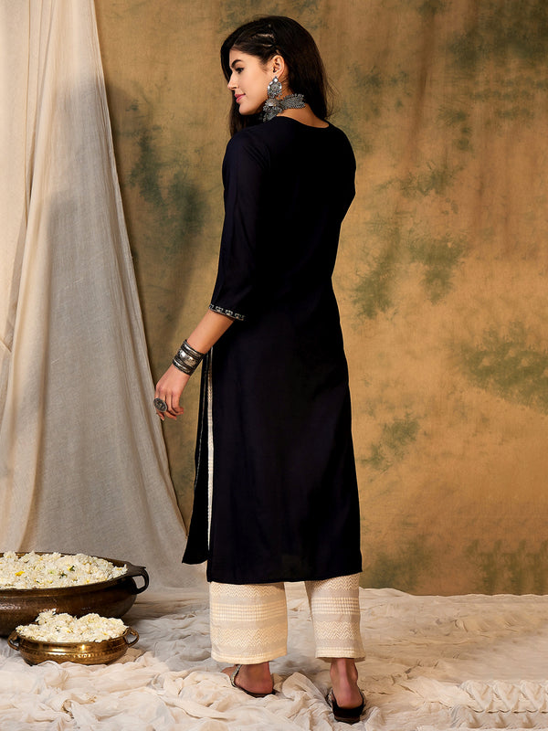 Indo Era Navy Blue Embroidered Straight Kurta - Distacart