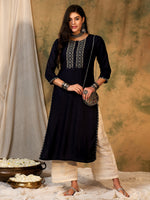 Thumbnail for Indo Era Navy Blue Embroidered Straight Kurta - Distacart