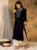 Thumbnail for Indo Era Navy Blue Embroidered Straight Kurta - Distacart