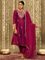 Thumbnail for Indo Era Magenta Embroidered Straight Kurta Trousers With Dupatta set - Distacart
