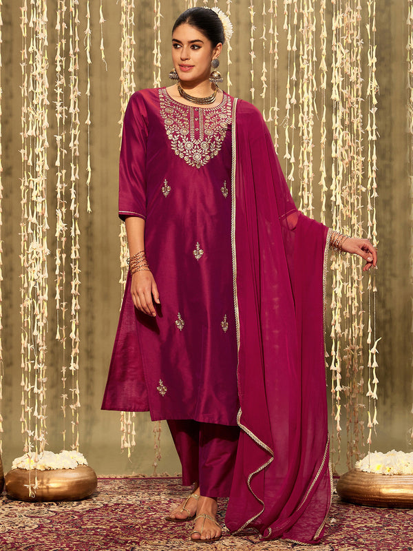 Indo Era Magenta Embroidered Straight Kurta Trousers With Dupatta set - Distacart