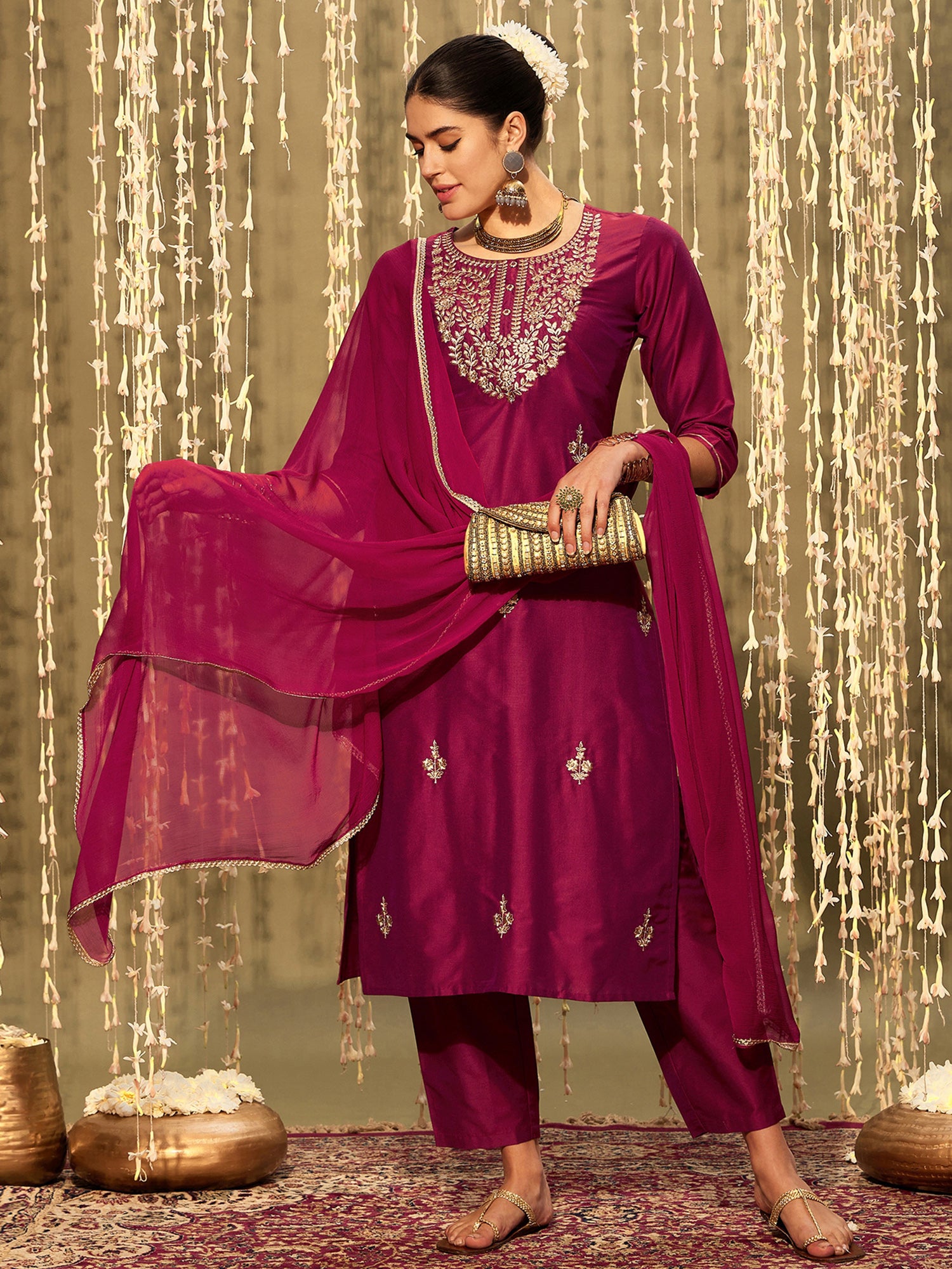 Indo Era Magenta Embroidered Straight Kurta Trousers With Dupatta set - Distacart