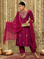 Thumbnail for Indo Era Magenta Embroidered Straight Kurta Trousers With Dupatta set - Distacart